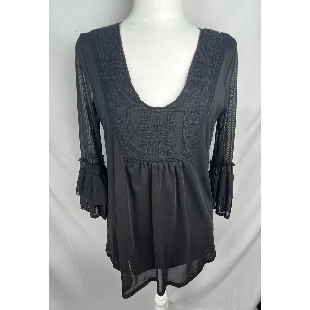 Womens S Black Embroidered Sheer Bell Sleeve Top Gothic Boho Whimsigoth Witchy